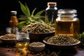 Seeds hemp on the table, oil in a glass jar, Medical marijuana concept, CBD cannabis OIL, hemp product