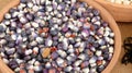 Seeds of Indian purple corn in ceramic bowl