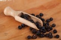 Seeds of juniper with a small wooden spoon. Royalty Free Stock Photo