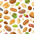 Seeds and nuts pattern. Nut, grain and seed seamless pattern, hazelnut, nut food pistachio and sunflower seed vector Royalty Free Stock Photo