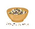 Seeds in wooden bowl. Vector illustration of different seeds in cartoon flat style. Royalty Free Stock Photo