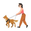 Seeing Eye Dog Guiding Blind Woman in Glasses, Trained Animal Helping Disabled Person Cartoon Vector Illustration Royalty Free Stock Photo