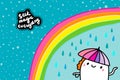 Seek magic everyday hand drawn vector illustration in cartoon comic style man holding umbrella under rainbow textured background