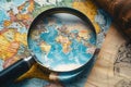 Seeking adventure Magnifying glass zooms in on world map