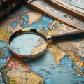 Seeking adventure Magnifying glass zooms in on world map