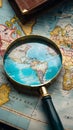 Seeking adventure Magnifying glass zooms in on world map