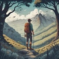 Seeking adventure - Male adventurer in landscape looking to explore and live live. Enjoy nature, hiking and wanderlust concept -