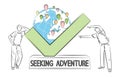 Seeking Adventure. Two young men travel world in search of exciting adventures. Editable template about loving anything