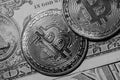 Macro view of a pair of Bitcoin coins showing the surface detail of the coinage Royalty Free Stock Photo