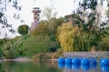 Seepark with a love bridge and an old wooden lookout tower Royalty Free Stock Photo