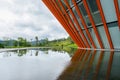 Seeper outside modern viewing platform for sightseeing after rain