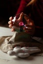 Seer with magic ball performs ritual. Psychic vision, fortune teller