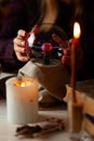 Seer with magic ball performs ritual. Psychic vision, fortune teller