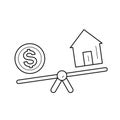 Seesaw with house and dollar coin line icon.