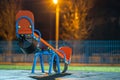 Seesaw swing in preschool yard with soft rubber flooring at night