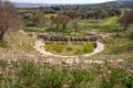 High angle view of ancient historical Teos theater with steps in on the slopes of Acropolis from Greek Roman period Royalty Free Stock Photo