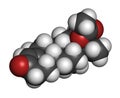 Segesterone acetate (SGA) drug molecule. 3D rendering. Atoms are represented as spheres with conventional color coding: hydrogen ( Royalty Free Stock Photo