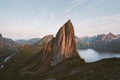 Segla Mountain peak landscape in Norway sunset rocks and fjord view