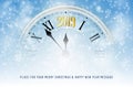 Clock with golden 2019 new year number on snowy background