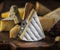 Segment of Brie cheese or soft cow`s - milk French cheese on wooden board. Different cheeses at the background