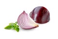 Segment and half of red onion bulb with basil leaves close-up isolated on white background Royalty Free Stock Photo