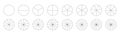 Segmented charts. Pizza chart template. Set of pie charts. Many number of sectors divide the circle on equal parts.
