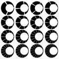Segmented, divided circles with 3, 4, 5, 6, 7, 8, 9, 10, 12, 14, 15, 16, 18, 20, 22, 24 parts, sections. Pie chart, pie graph-like