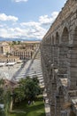 Vertical shot of the Plaza del Azoguejo and the Acueducto de Segovia. Segovia, Spain.