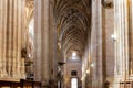 Segovia Cathedral inside view of the main nave, decorative Gothic vaults and stained glass windows, Segovia, Spain