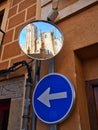 Segovia Cathedral Reflected in Traffic Mirror, Spain Royalty Free Stock Photo