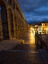 Segovia, Spain at the ancient Roman aqueduct. The Aqueduct of Segovia, located in Plaza del Azoguejo, is the defining historical f Royalty Free Stock Photo