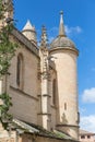 Detailed front view at the iconic spanish gothic ornaments building at the Segovia cathedral, towers and domes