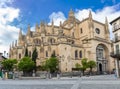 Majestic front view at the iconic spanish gothic building at the Segovia cathedral, towers and domes, downtown city