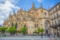 Majestic front view at the iconic spanish gothic building at the Segovia cathedral, towers and domes, downtown city