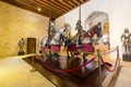 Segovia, Spain - October 9, 2017: The Alcazar of Segovia. Representation of knights mannequins on horses at Knights Hall of the