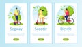 Segway, scooter, bicycle rent for eco travel on nature vector illustration. Modern urban lifestyle on technological