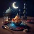 Ramadan Sehri concept, Night view moon in the sky with Mosque tomb design, Generative Ai