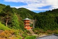 Seianto-ji Temple Pagoda against the backdrop of the Nachi Falls Royalty Free Stock Photo