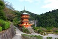 Seianto-ji Temple Pagoda against the backdrop of the Nachi Falls Royalty Free Stock Photo