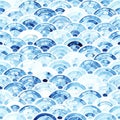 Seigaiha seamless watercolor pattern. White and blue wavy print for textiles. Shibori ornament. Vector illustration