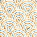 Seigaiha wave seamless watercolor pattern. Asian motives. Blue and orange isolated dots on a white background. Paper texture.