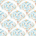 Seigaiha wave seamless watercolor pattern. Asian motives. Blue and orange isolated elements on a white background. Paper texture.