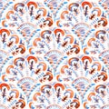 Seigaiha wave seamless watercolor pattern. Asian motives. Blue and orange peacock tail on a white background. Paper texture.