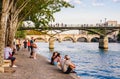 Seine River banks, Pont des Arts and Pont Neuf in the 1st Arrondissement of Ile de la Cite, Paris, Royalty Free Stock Photo