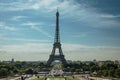 Seine River, Eiffel Tower and gardens under sunny blue sky, seen from the Trocadero in Paris. Royalty Free Stock Photo