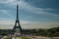 Seine River, Eiffel Tower and gardens under sunny blue sky, seen from the Trocadero in Paris. Royalty Free Stock Photo