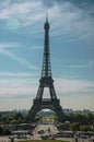 Seine River, Eiffel Tower and gardens under sunny blue sky, seen from the Trocadero in Paris. Royalty Free Stock Photo