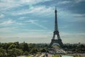 Seine River, Eiffel Tower and gardens under sunny blue sky, seen from the Trocadero in Paris. Royalty Free Stock Photo