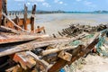 Seines or trawls or fishnets stuck on the old wooden keel of shipwreck