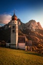 Seis am Schlern, Italy - St. Valentin Church and famous Mount Sciliar in the Italian Dolomites with blue sky Royalty Free Stock Photo